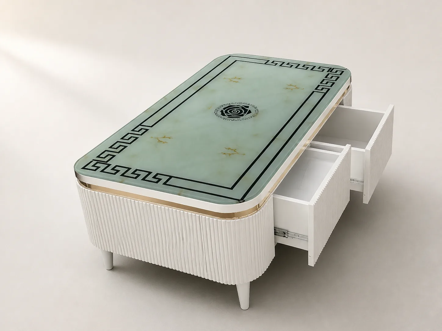 Jade marble-effect center table with black Greek key border and white fluted base