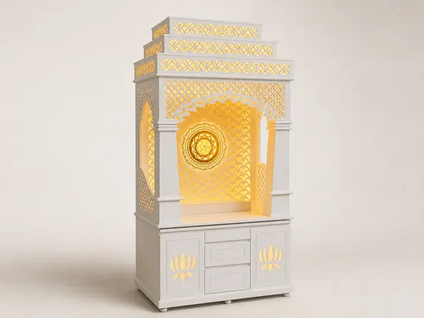 Tiered fish-scale lattice mandir unit, three-quarter angle