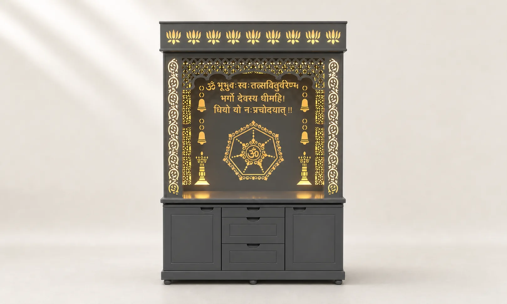 Graphite grey mandir unit with gold lotus cornice, Gayatri mantra and hexagonal Om medallion.
