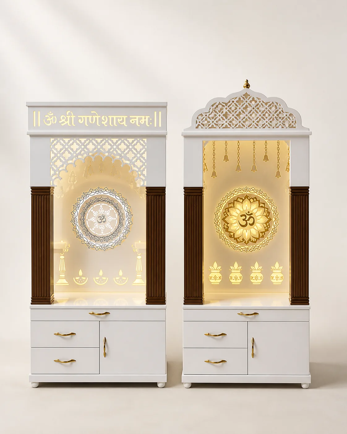Pair of white mandir units with walnut side trims and backlit gold medallions.