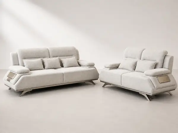 Light grey and silver 3+2 sofa set – three-quarter angle view