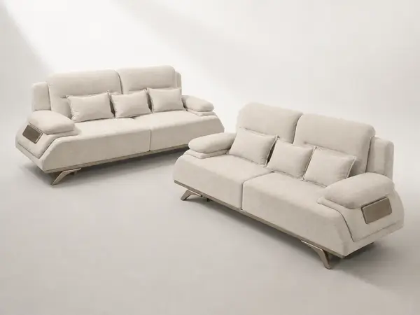 Stone grey sectional sofa pair – three-quarter angle view