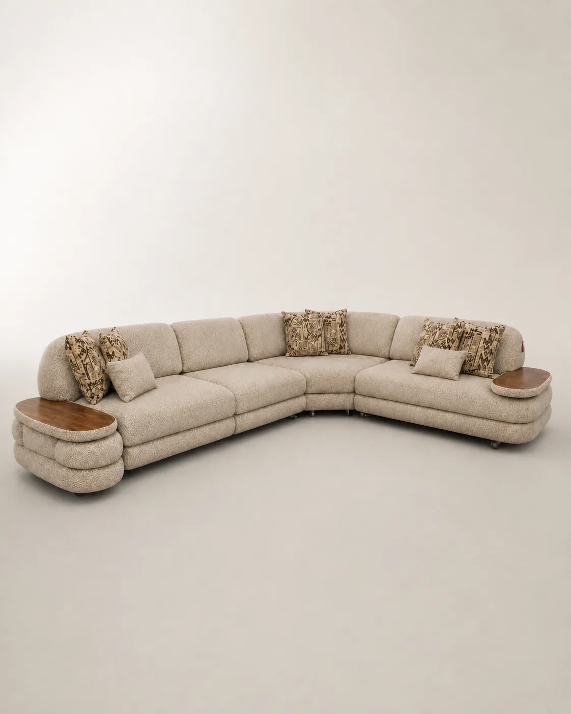 Beige jacquard L-shaped sofa with built-in wood tray arms.