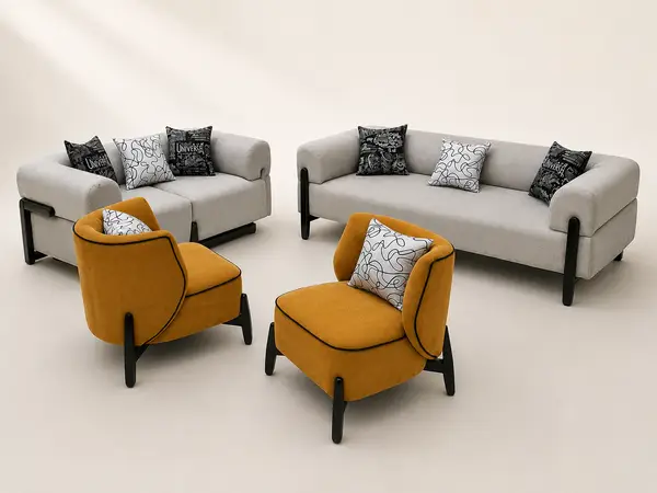 Grey woven 3+2 sofa set – three-quarter angle view