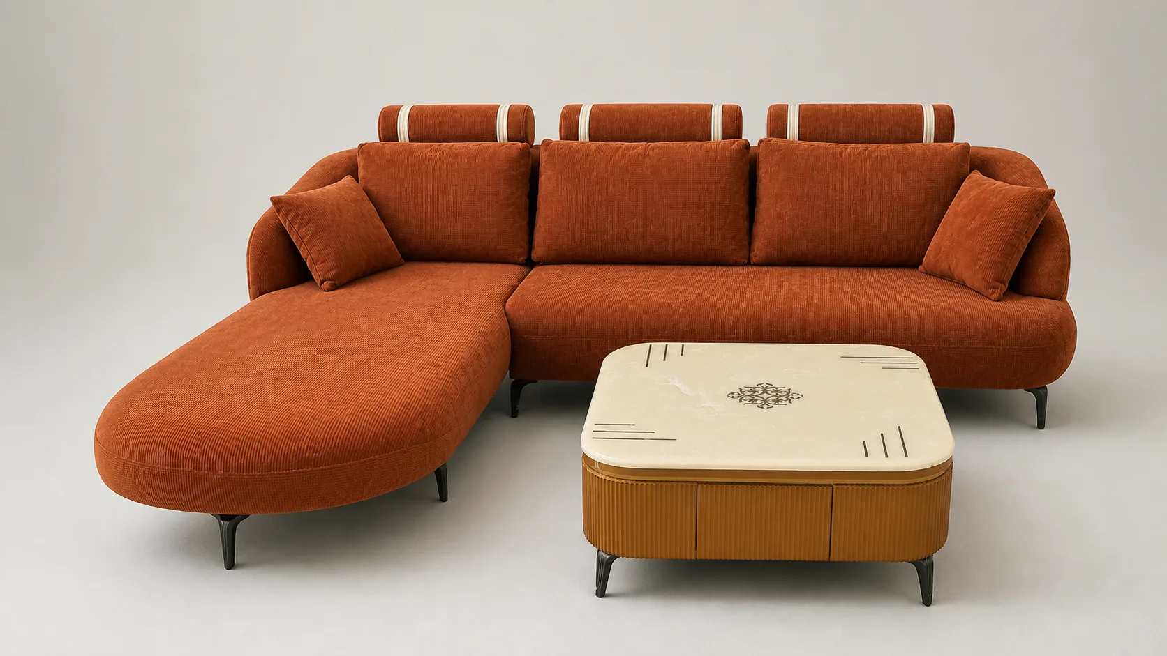 Rust terracotta corduroy L-shaped sofa styled with a marble coffee table.