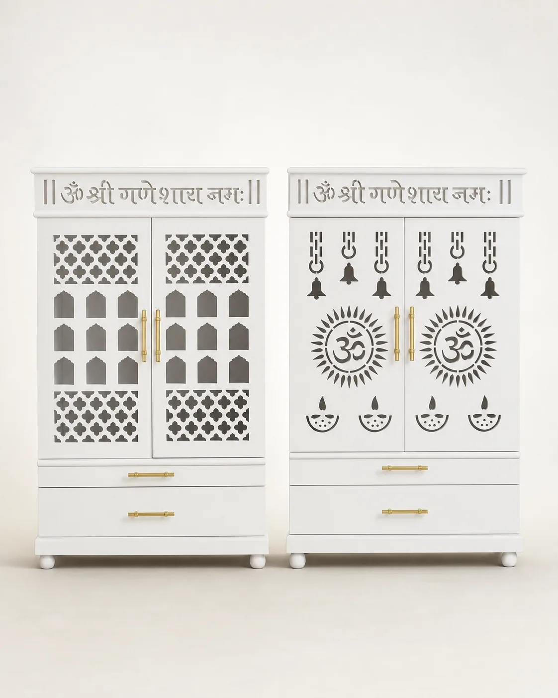 Pair of matching white mandir units with arched lattice doors and Om Shri Ganeshaya Namah headers.