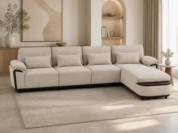 Taupe boucle sectional styled in a living room setting