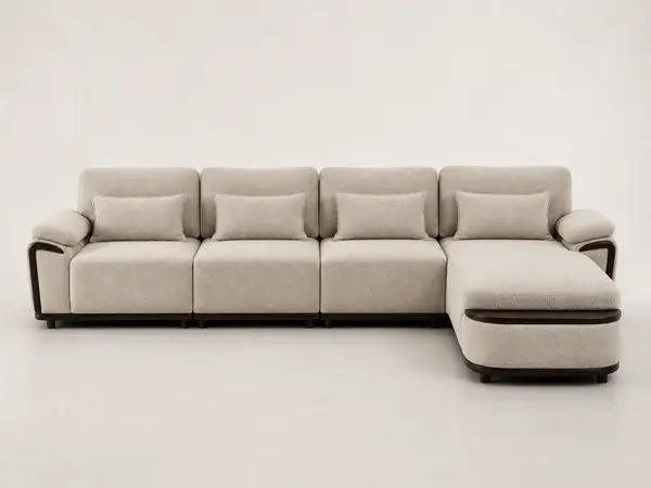 Taupe boucle sectional with curved wood arms, front view