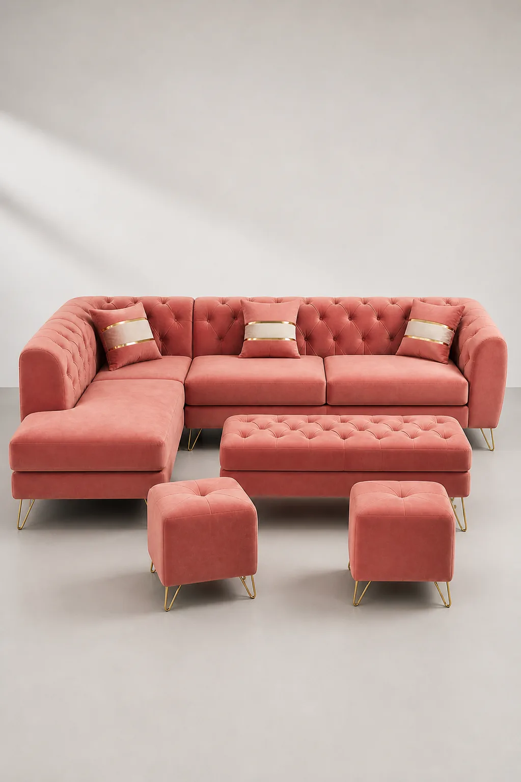 Coral pink velvet L-shaped sofa set with diamond tufting and gold hairpin legs.