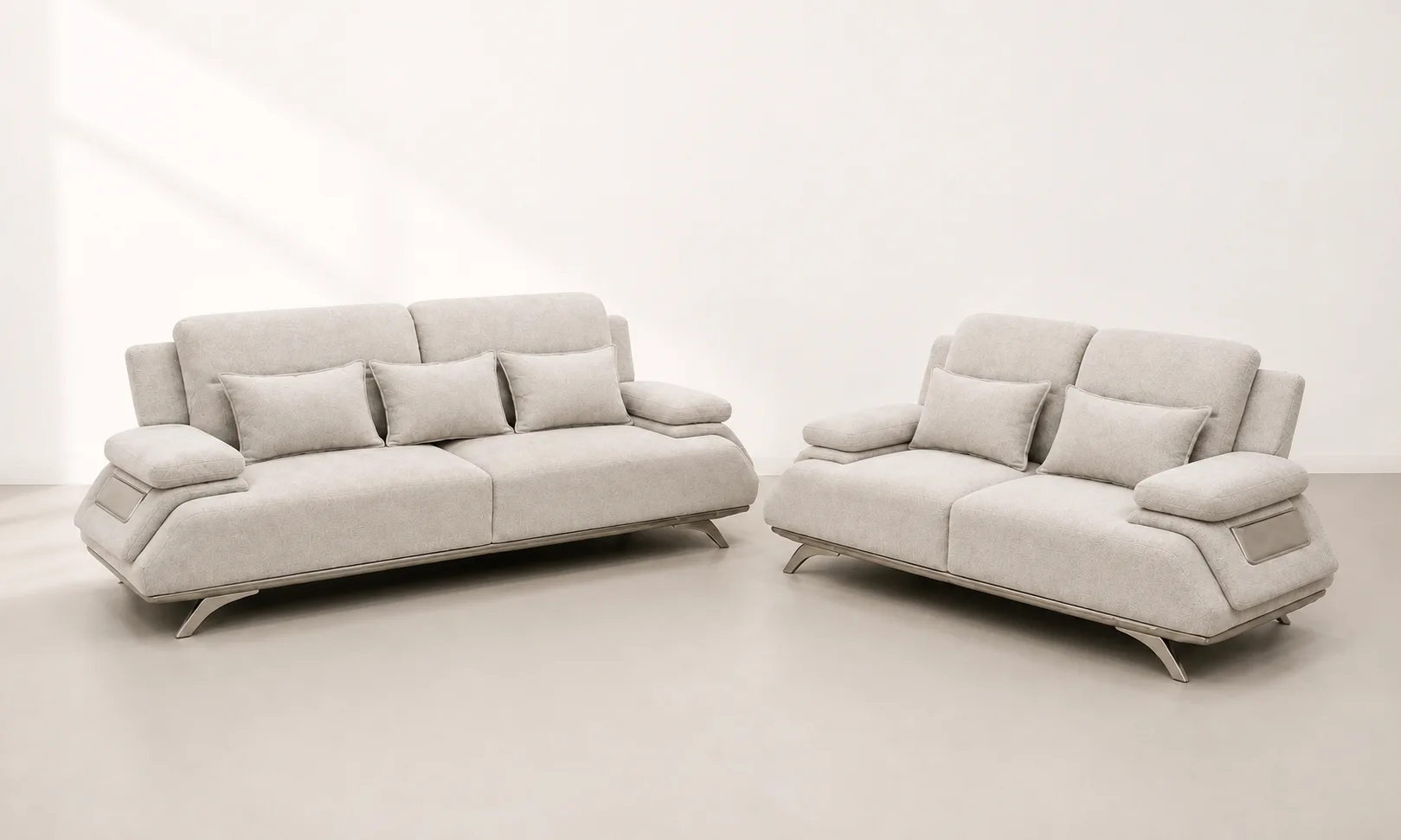 Oatmeal boucle 3+2 sofa set in a styled living room