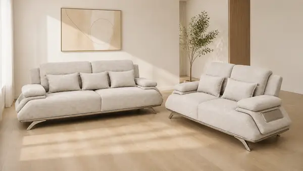 Oatmeal boucle 3+2 sofa set styled in a living room setting