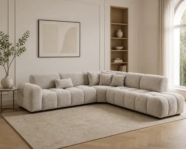 Light gray bubble-tufted sofa styled in a living room setting