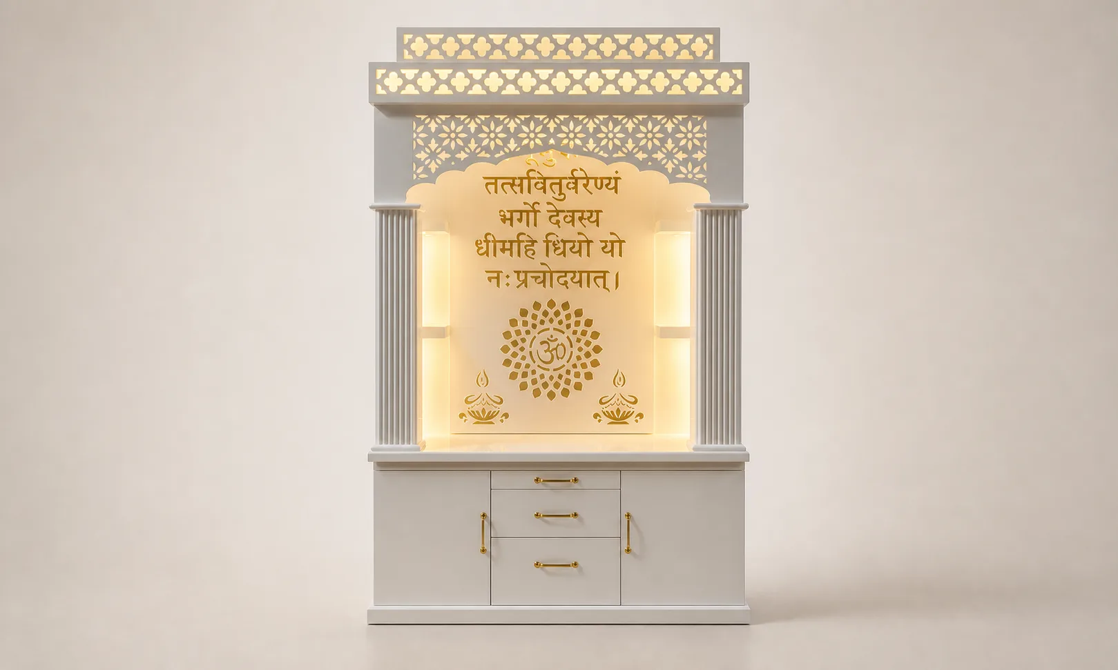 Cream mandir unit with warm backlit Gayatri mantra arch, gold Om lotus medallion and fluted pillars.
