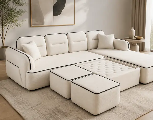 Off-white boucle sectional styled in a living room setting