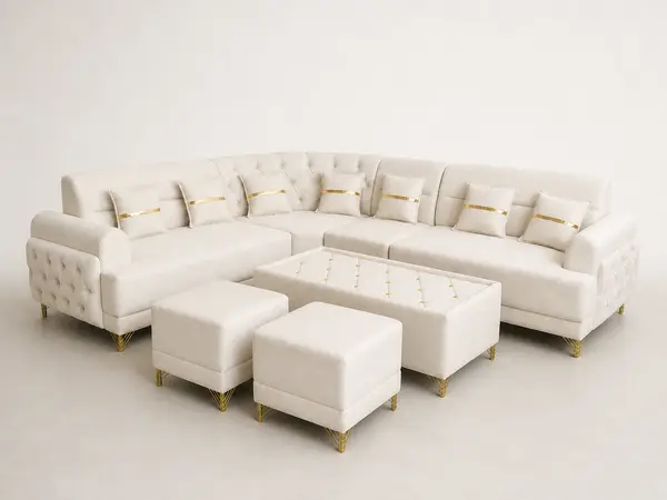 Off-white boucle L-sofa, three-quarter angle