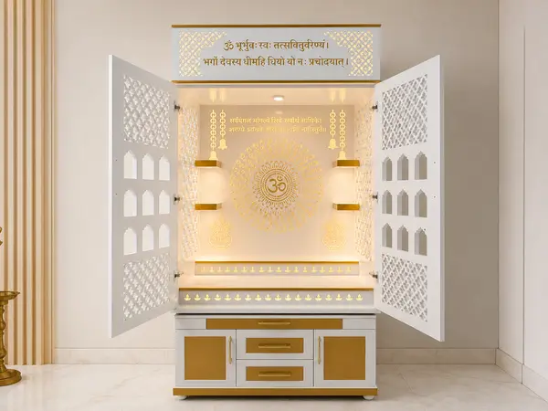 Open-door lattice mandir styled in a home pooja corner