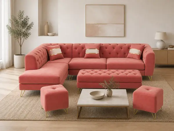 Coral pink L-sofa set styled in a living room setting