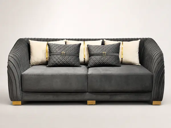 Charcoal velvet pleated-arm loveseat – front straight-on view