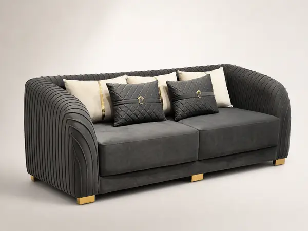 Charcoal velvet pleated-arm loveseat – three-quarter angle view