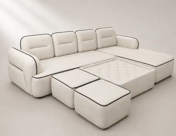 Off-white boucle sectional with crystal-tufted ottoman, three-quarter angle