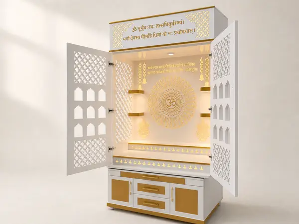 Open-door diamond lattice mandir unit, three-quarter angle