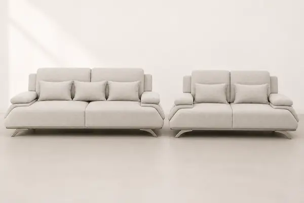 Oatmeal boucle 3+2 sofa set – front straight-on view