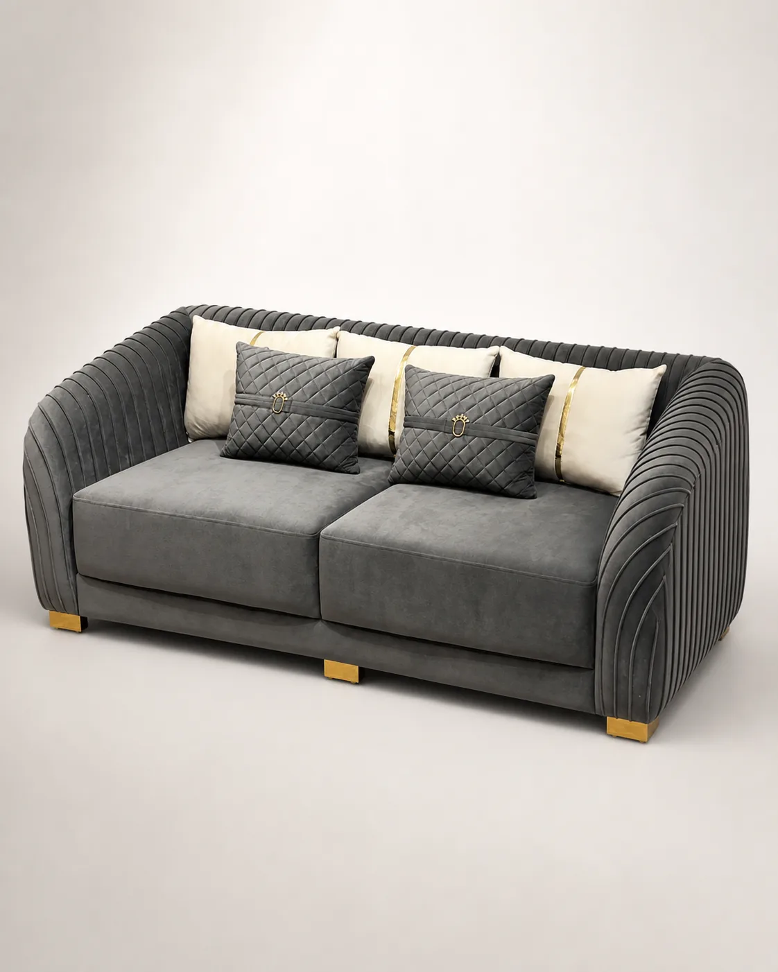 Charcoal velvet pleated-arm loveseat in a styled living room