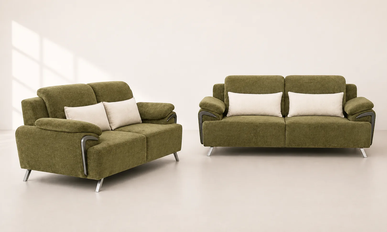 Olive green textured sofa pair in a styled living room