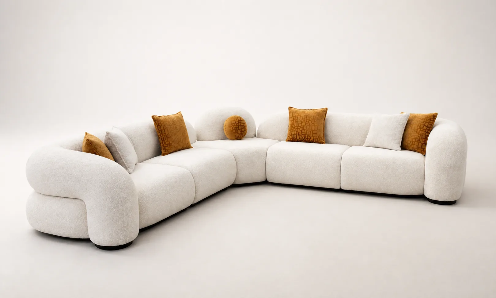 Off-white boucle curved sectional in a styled living room