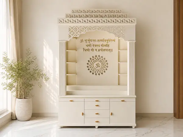 Cream mandir with scalloped crown styled in a home pooja corner