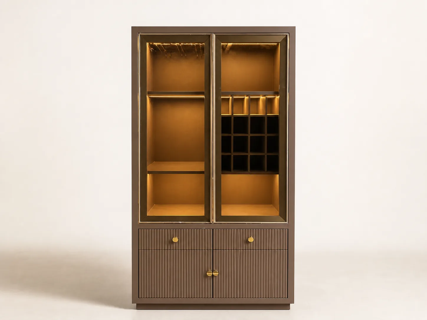 Taupe lacquer cabinet with fluted bronze glass and copper hardware