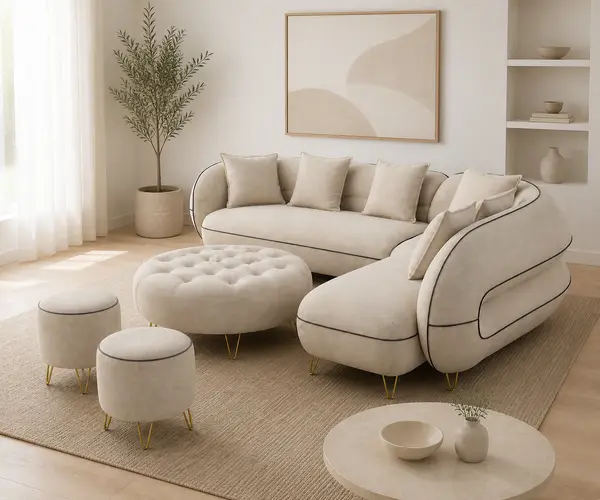 Off-white sectional set styled in a living room setting