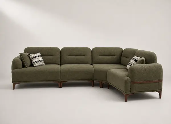 Olive green L-sofa with leather strap detail, front view