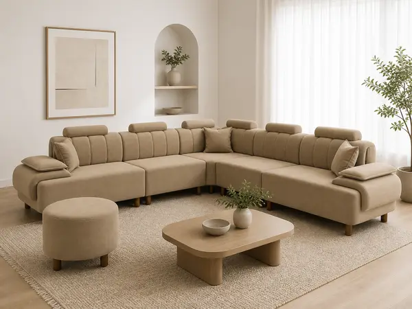 Taupe channel-tufted sofa styled in a living room setting