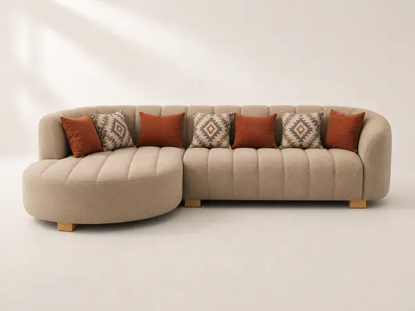 Taupe channel-tufted curved L-sofa, front view
