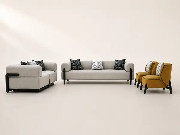 Grey woven 3+2 sofa set – side profile view