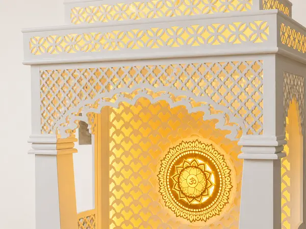 Close-up of the amber-lit fish-scale lattice and carved lotus motif