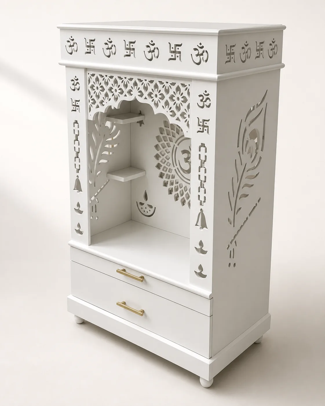 White mandir unit with an Om and swastik header row and an open shelf niche.