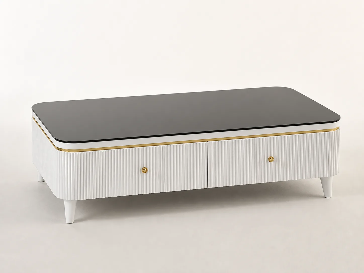 Glossy black center table with sunburst-style gold knobs.