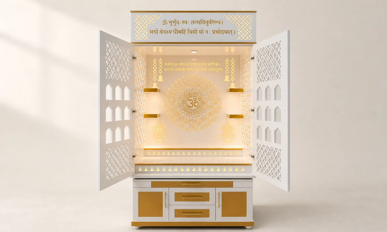 White mandir unit with open diamond-lattice doors, gold Om mandala back panel and carved Gayatri mantra crown.