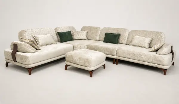 Cream velvet L-sofa, three-quarter angle
