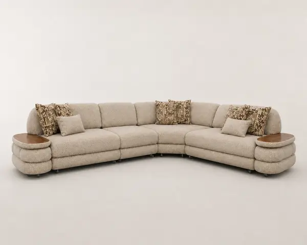 Beige jacquard L-sofa with built-in wood tray arms, front view