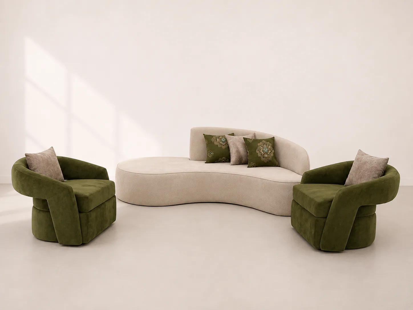 Beige Curved Sofa Olive Chairs at Modi Interiors Jagatpura Jaipur