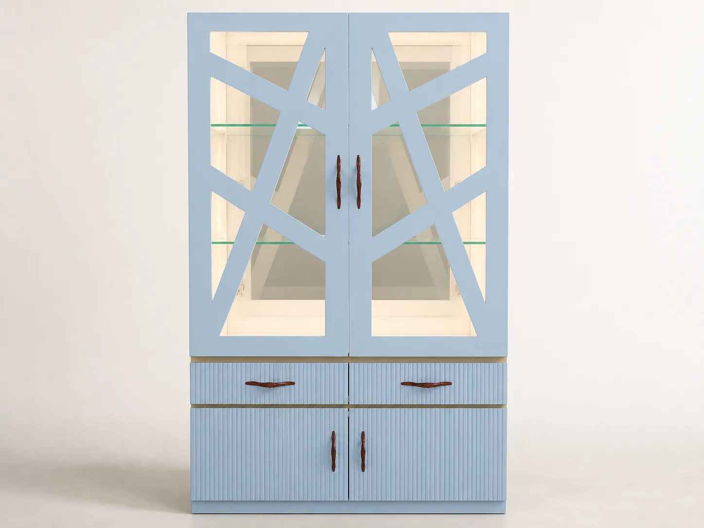 Sky-blue lacquer cabinet with geometric fretwork glass