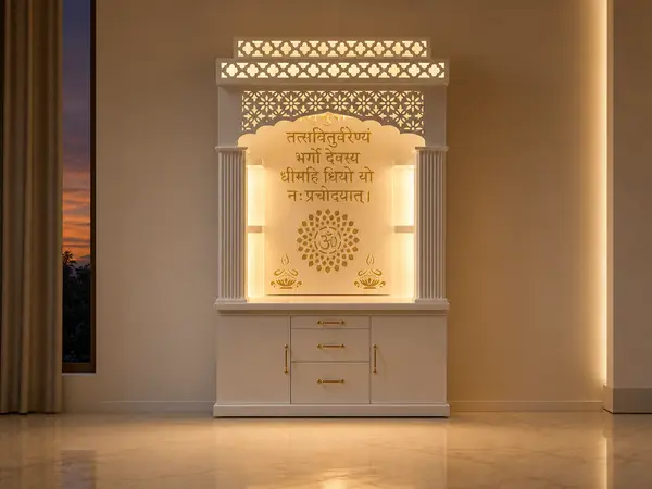 Cream backlit mandir styled in a home pooja corner at dusk
