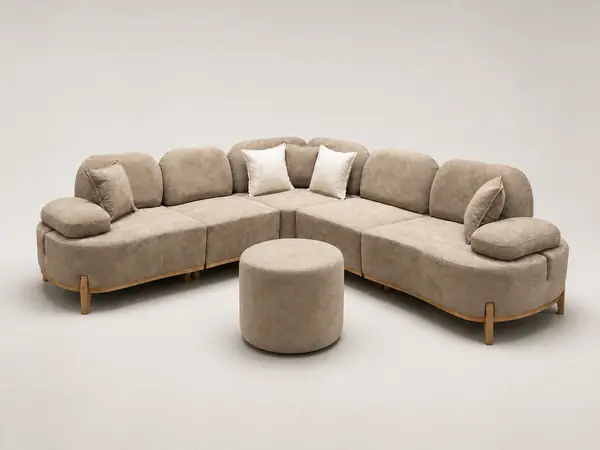 Beige curved sectional, three-quarter angle