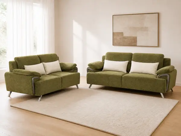 Olive green textured sofa pair – styled in a living room setting