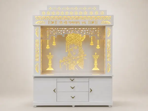 Mandir unit with backlit Radha-Krishna lattice panel, front view