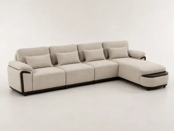 Taupe boucle sectional, three-quarter angle