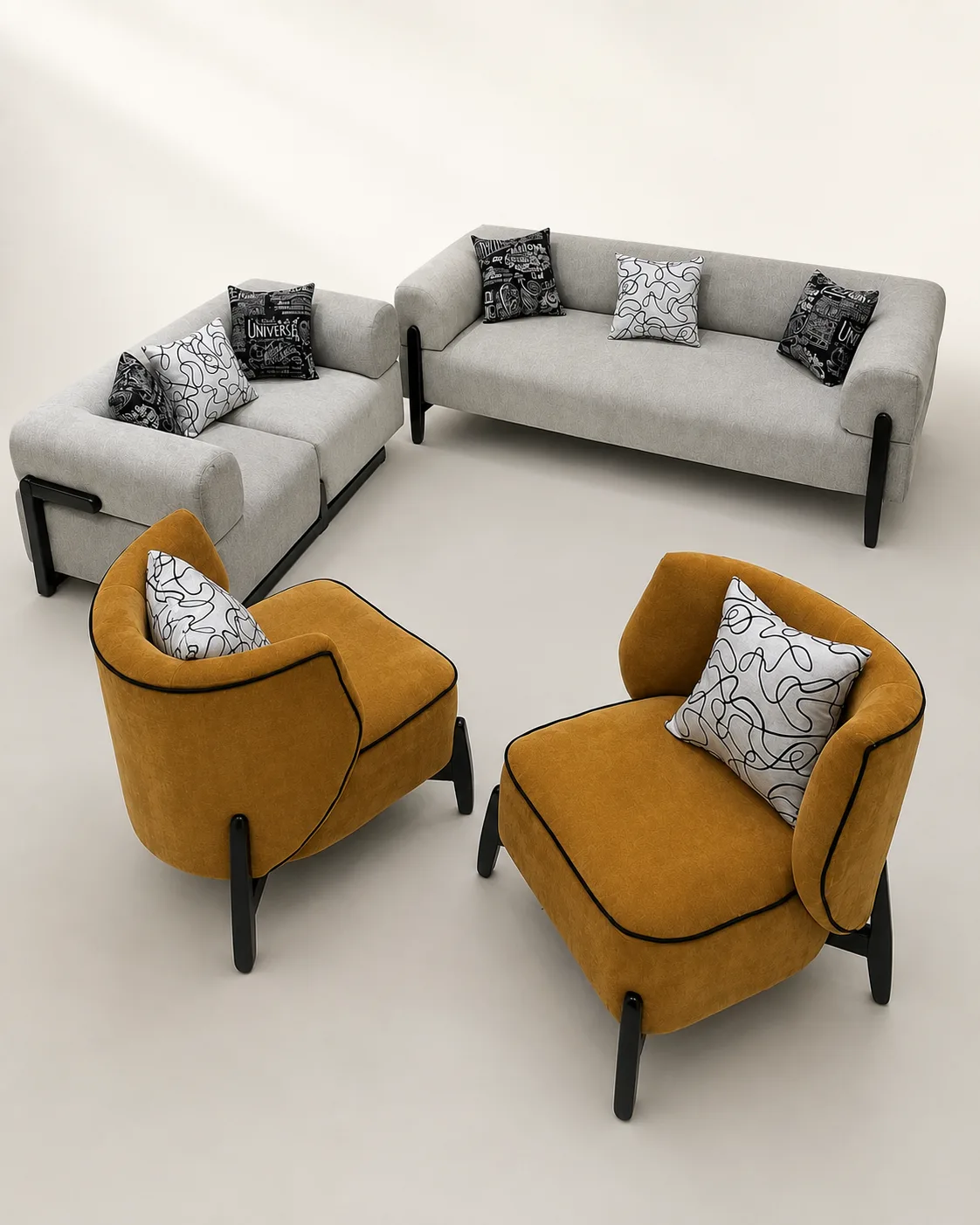 Grey woven 3+2 sofa set with mustard accent chairs in a styled living room